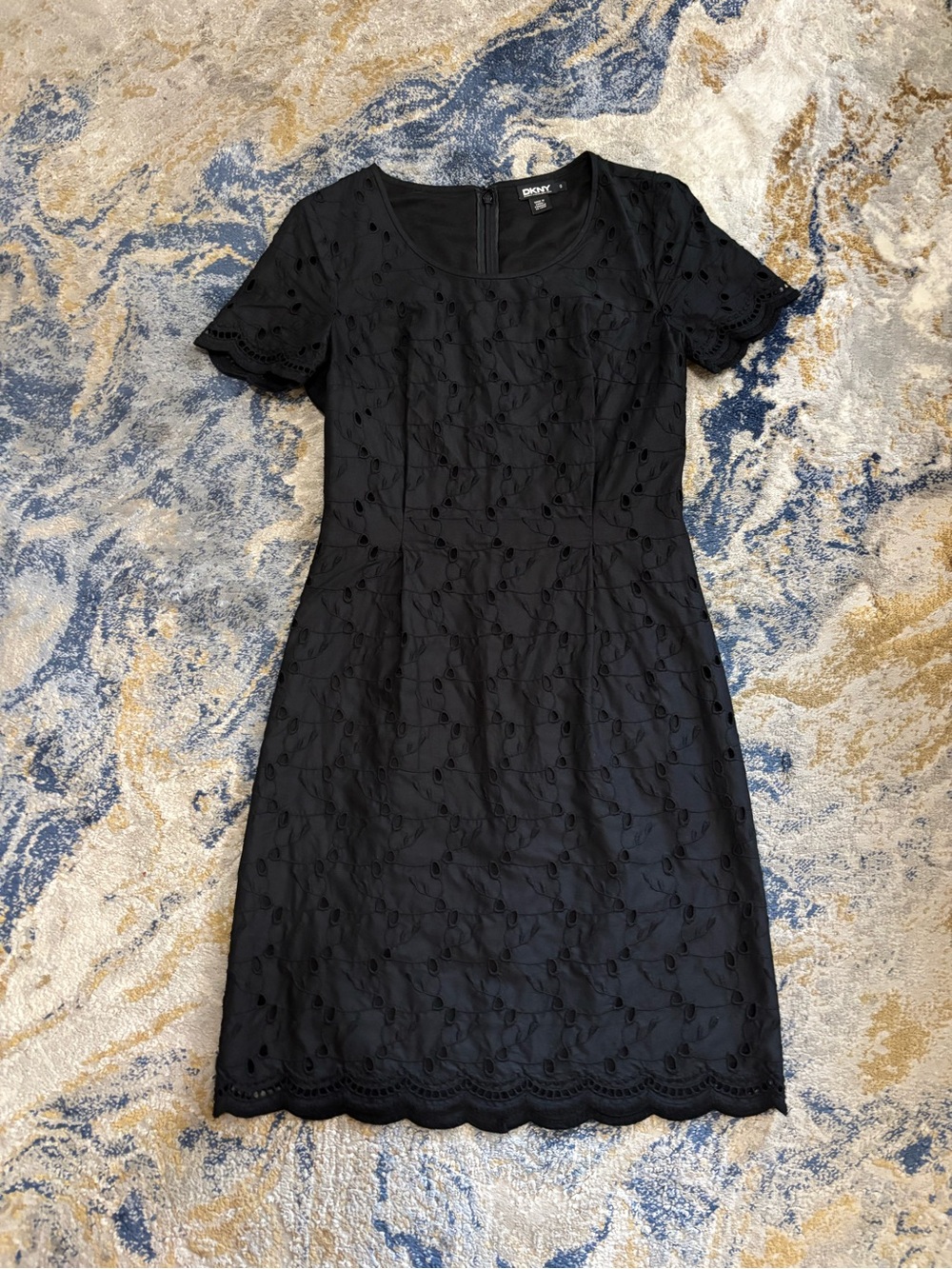 DKNY Black Eyelet Short Dress with Scalloped Hem